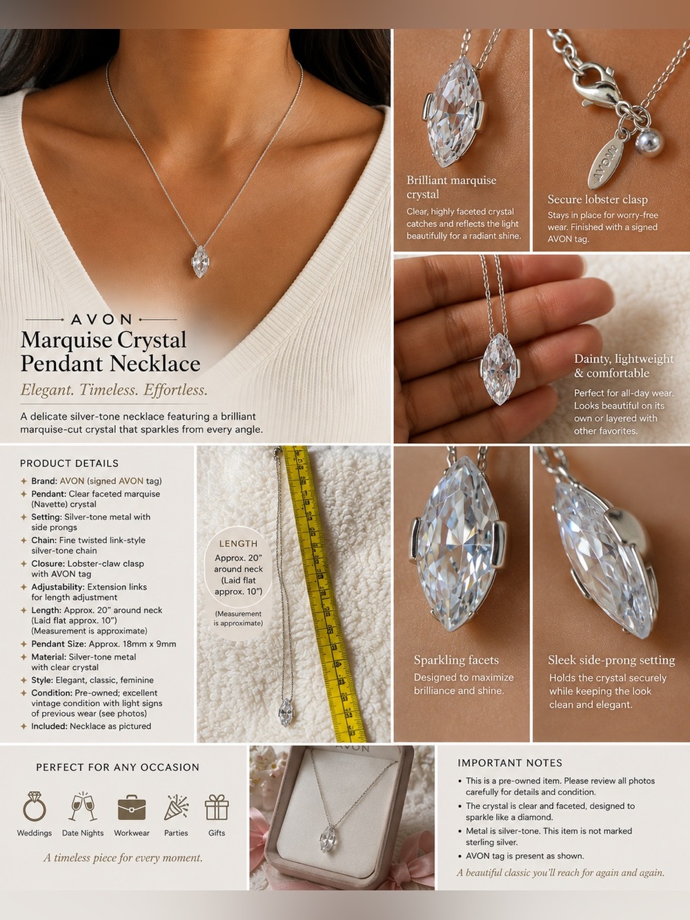 Avon Silver-Tone Marquise Crystal Pendant Necklace — Clear
